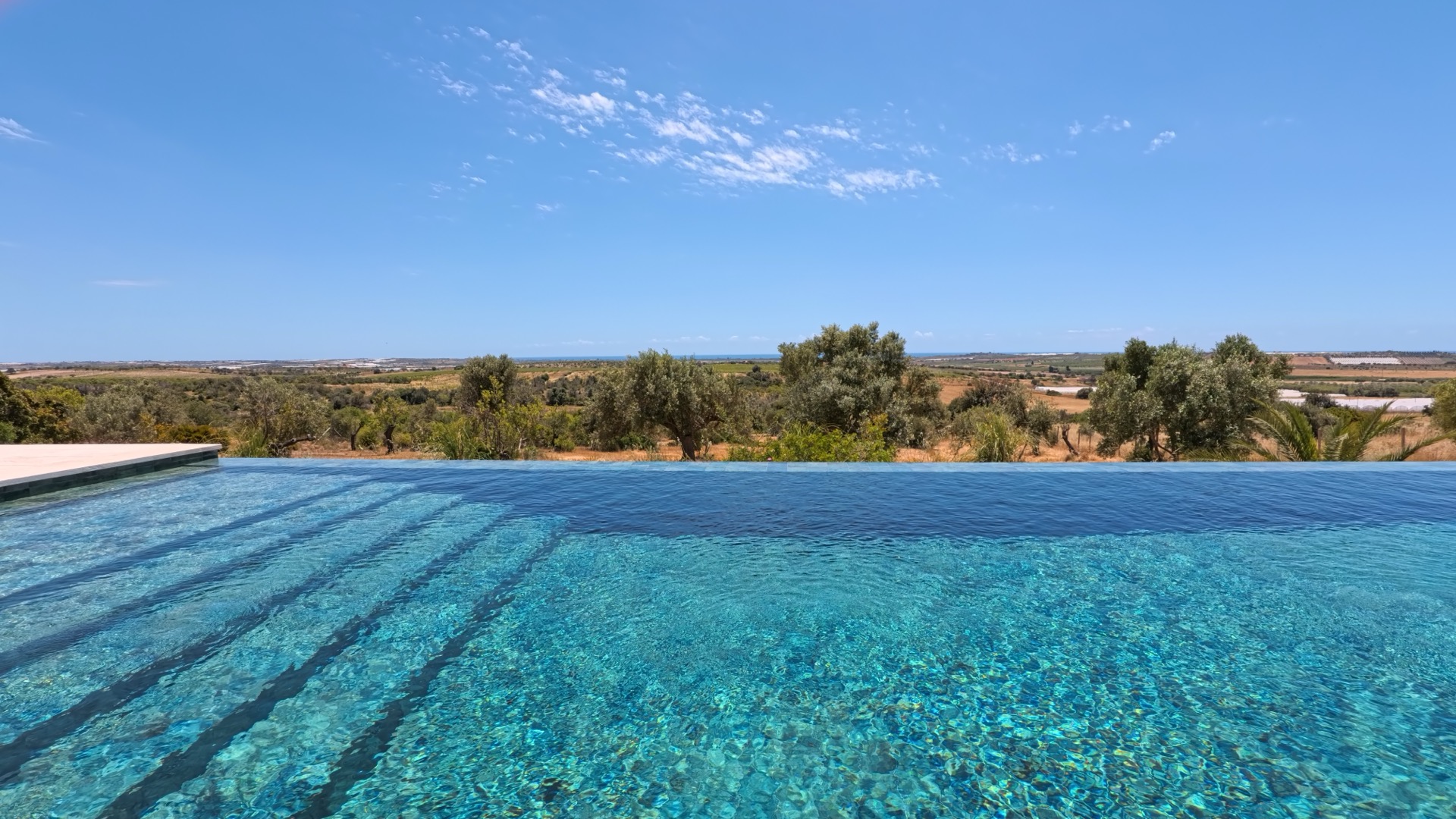 Crystal-clear infinity pool at water level with olive groves and sea beyond